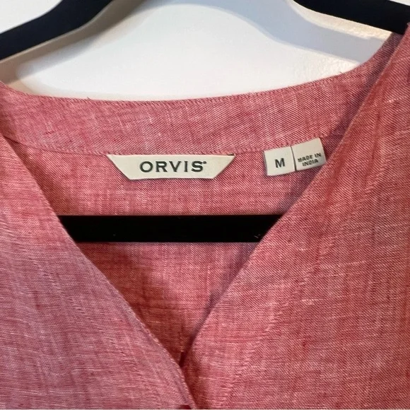 Orvis 100% Linen Shirt Women's M Red Pink 3/4 Sleeve Button Up Casual Blouse Top - Picture 7 of 10